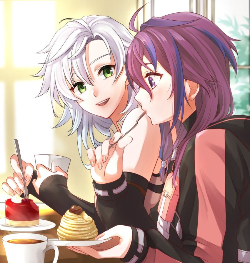 2girls, ahoge, bare_shoulders, blue_hair, cake, cup, detached_sleeves, eating