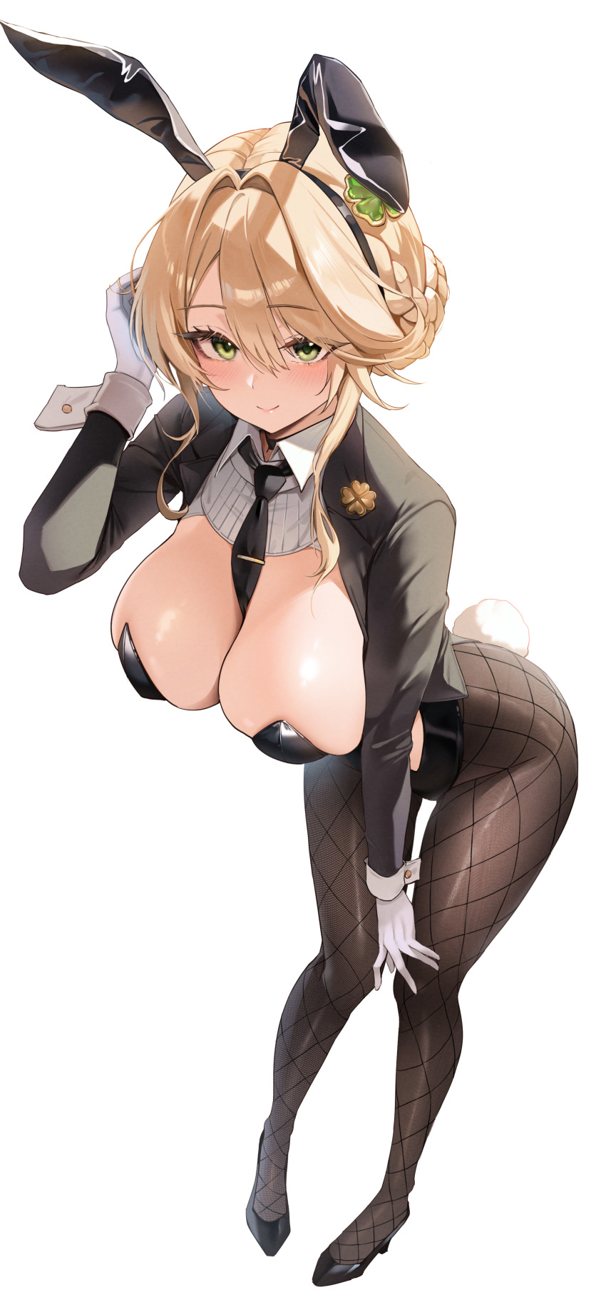 1girl, absurdres, ade_(agent_bunny)_(nikke), ade_(nikke), animal_ear_hairband, animal_ears, bent_over, between_breasts