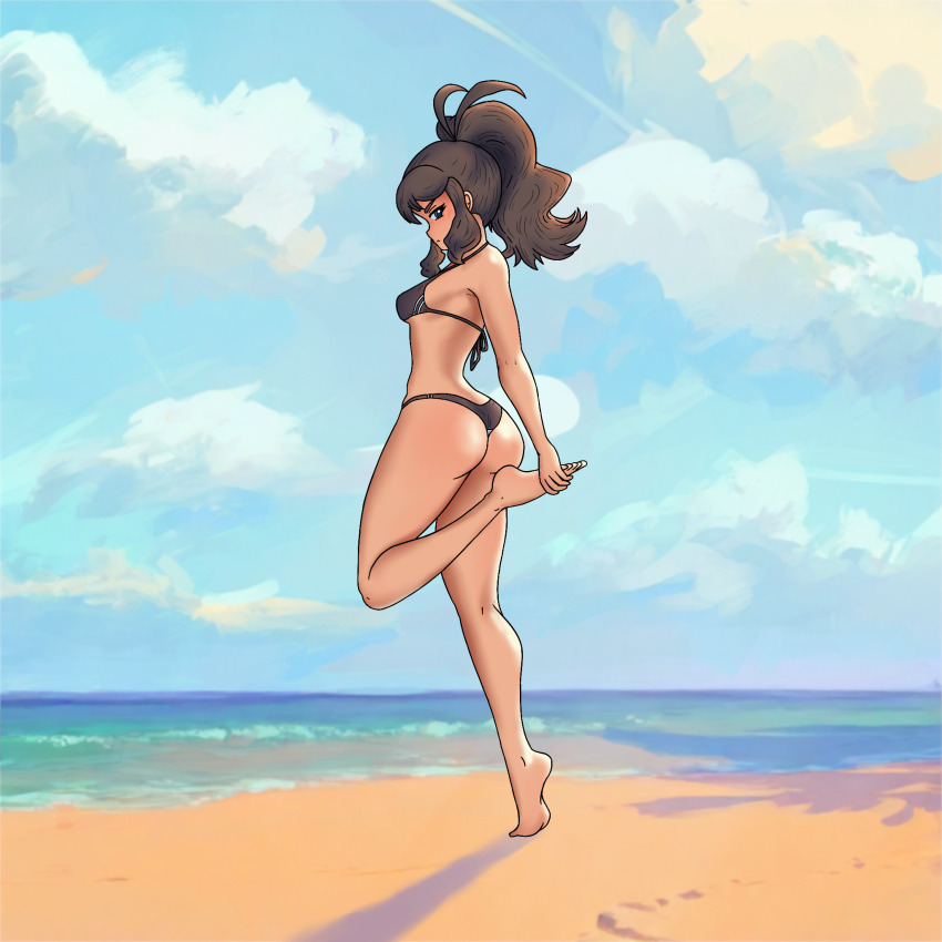 1girl, ass, back, bare_shoulders, barefoot, beach, bikini, black_bikini, blue_eyes, blue_sky, breasts, brown_hair, butt_crack, cloud, cloudy_sky, curvy, high_ponytail, highres, hilda_(pokemon), huge_ass, leg_lift, long_hair, looking_at_viewer, looking_back, medium_breasts, nintendo, ocean, outdoors, pokemon, pokemon_black_and_white, ponytail, radicool332, shiny_skin, sideboob, sidelocks, skindentation, sky, solo, standing, standing_on_one_leg, swimsuit, thong, thong_bikini, water, wide_hips