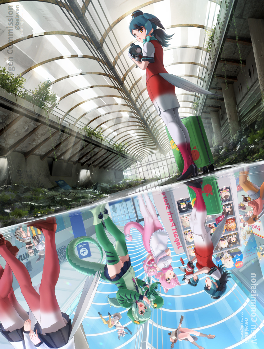 absurdres, animal_ears, apron, beleven, bird_girl, bird_tail, bird_wings, blue_hair