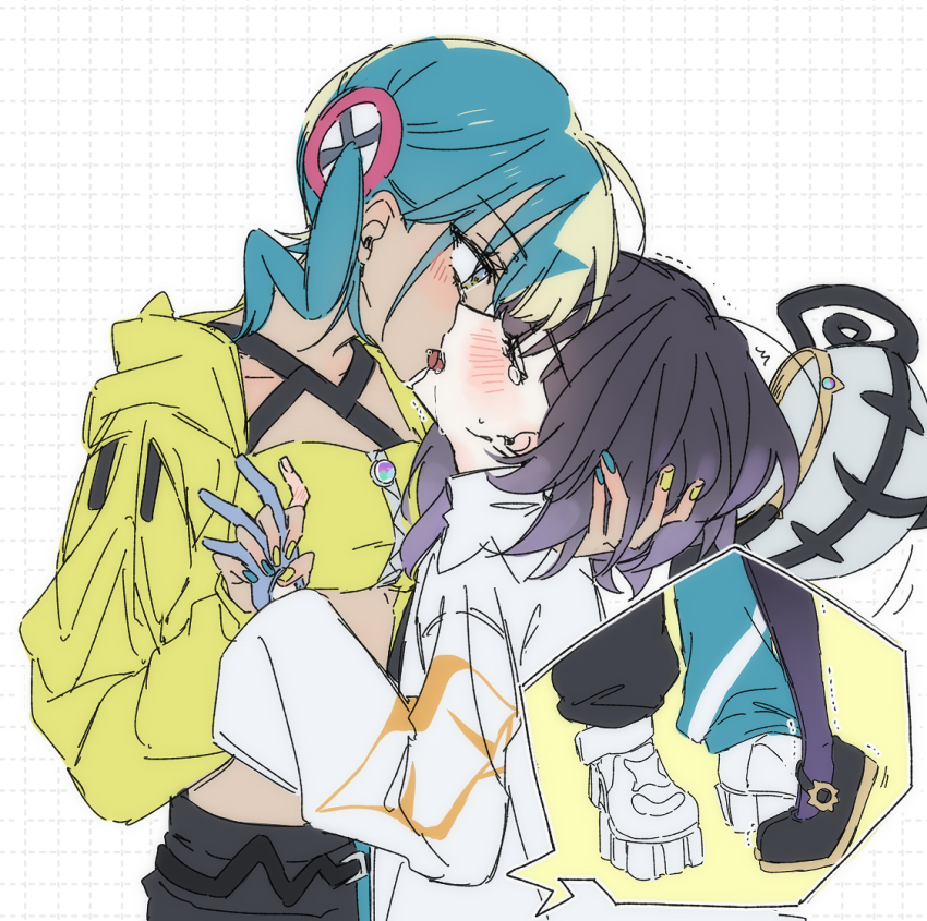 2girls, aqua_hair, aqua_nails, aqua_pants, bandana, bandeau, black_hair, black_pants, black_shoes, blonde_hair, blue_gloves, blush, breasts, canari_(pokemon), collarbone, commentary_request, dark-skinned_female, dark_skin, fingernails, french_kiss, gloves, gwynn_(pokemon), holding_hands, interlocked_fingers, jacket, kiss, medium_breasts, multicolored_hair, multicolored_nails, multiple_girls, nintendo, pants, pokemon, pokemon_legends:_z-a, sakizome, saliva, shoes, standing, tears, tongue, tongue_out, twintails, two-tone_hair, two-tone_pants, white_jacket, white_shoes, yellow_bandana, yellow_bandeau, yellow_jacket, yellow_nails, yuri