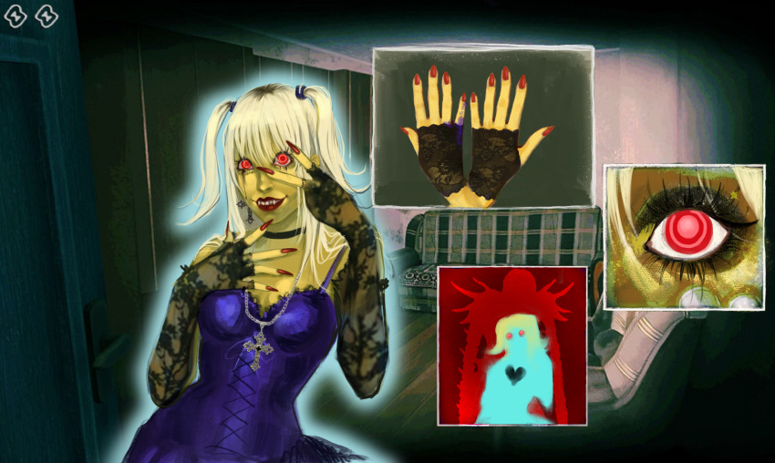 1girl, amane_misa, black_eyeshadow, blonde_hair, choker, corset, cross, cross_earrings, cross_necklace, death_note, dirty_hands, earrings, east_asian, eyelashes, eyeshadow, fangs, fingerless_gloves, fingernails, gloves, goth_fashion, grin, heart, highres, ink, jewelry, lace, lace_gloves, lace_sleeves, long_fingernails, long_hair, makeup, margonika00, multicolored_hair, necklace, no_i'm_not_a_human, no_i'm_not_a_human_(style), nose, photo_(object), purple_corset, realistic, red_eyes, red_lips, red_nails, rem_(death_note), ringed_eyes, roots_(hair), runny_makeup, sharp_fingernails, shinigami, shinigami_eyes_(death_note), smile, smile_lines, solo_focus, two_side_up