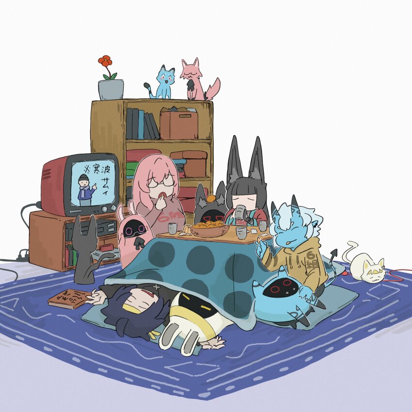 1boy, 3girls, absurdres, alternate_costume, animal, animal_ear_fluff, animal_ears, asaba_harumasa