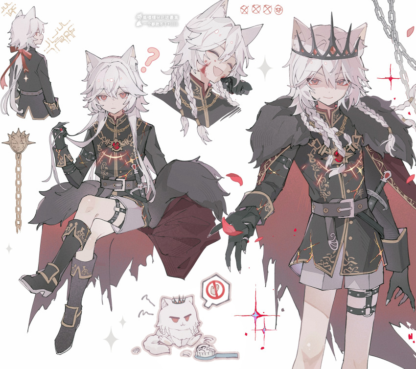 1boy, ?, aged_down, androgynous, animal_ears, belt, bishounen, black_belt, black_boots, black_crown, black_gloves, black_tunic, blood, boots, bow, braid, cape, cat, cat_boy, cat_ears, chain, claws, closed_eyes, crossed_legs, crown, eyeshadow, falling_petals, fang, floating_hair, fold-over_boots, from_behind, full_body, fur-trimmed_cape, fur_trim, gem, gloves, grey_shorts, hair_between_eyes, hair_bow, hair_tubes, head_tilt, highres, holding, holding_own_hair, identity_v, ithaqua_(identity_v), ithaqua_(morningstar)_(identity_v), long_hair, looking_at_viewer, looking_back, makeup, male_focus, multiple_braids, multiple_views, no_mask, o-ring, o-ring_thigh_strap, official_alternate_costume, outstretched_hand, petals, red_bow, red_cape, red_eyes, red_eyeshadow, red_gem, red_petals, shaded_face, shorts, skin_fang, smile, solo, sparkle, thigh_strap, torn_clothes, tunic, white_hair, wiping_blood, yellow_trim, yue_(shemika98425261)