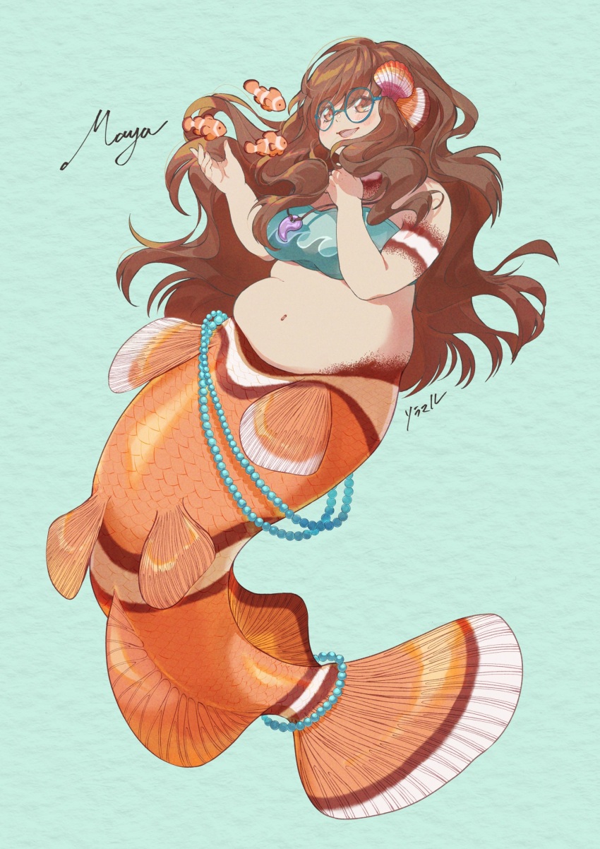 1girl, bandeau, blue-framed_eyewear, breasts, brown_eyes, brown_hair, character_name, clownfish