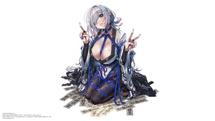 1girl, absurdres, artist_request, between_breasts, black_thighhighs, breasts, cleavage, double_v