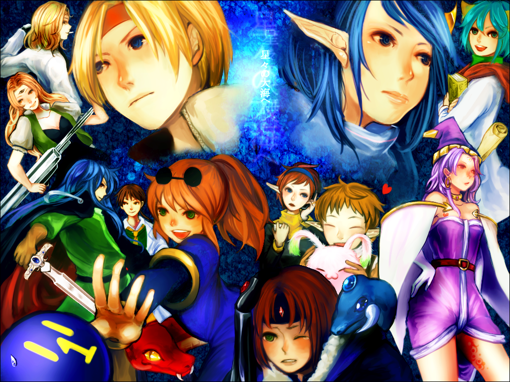 ashton_anchors, blonde_hair, blue_hair, bowman_jeane, cape, celine_jules, chisato_madison, claude_c._kenny, dias_flac, ernest_raviede, everyone, headband, leon_geeste, noel_chandler, opera_vectra, precis_neumann, rena_lanford, star_ocean, star_ocean:_the_second_story, sword, weapon