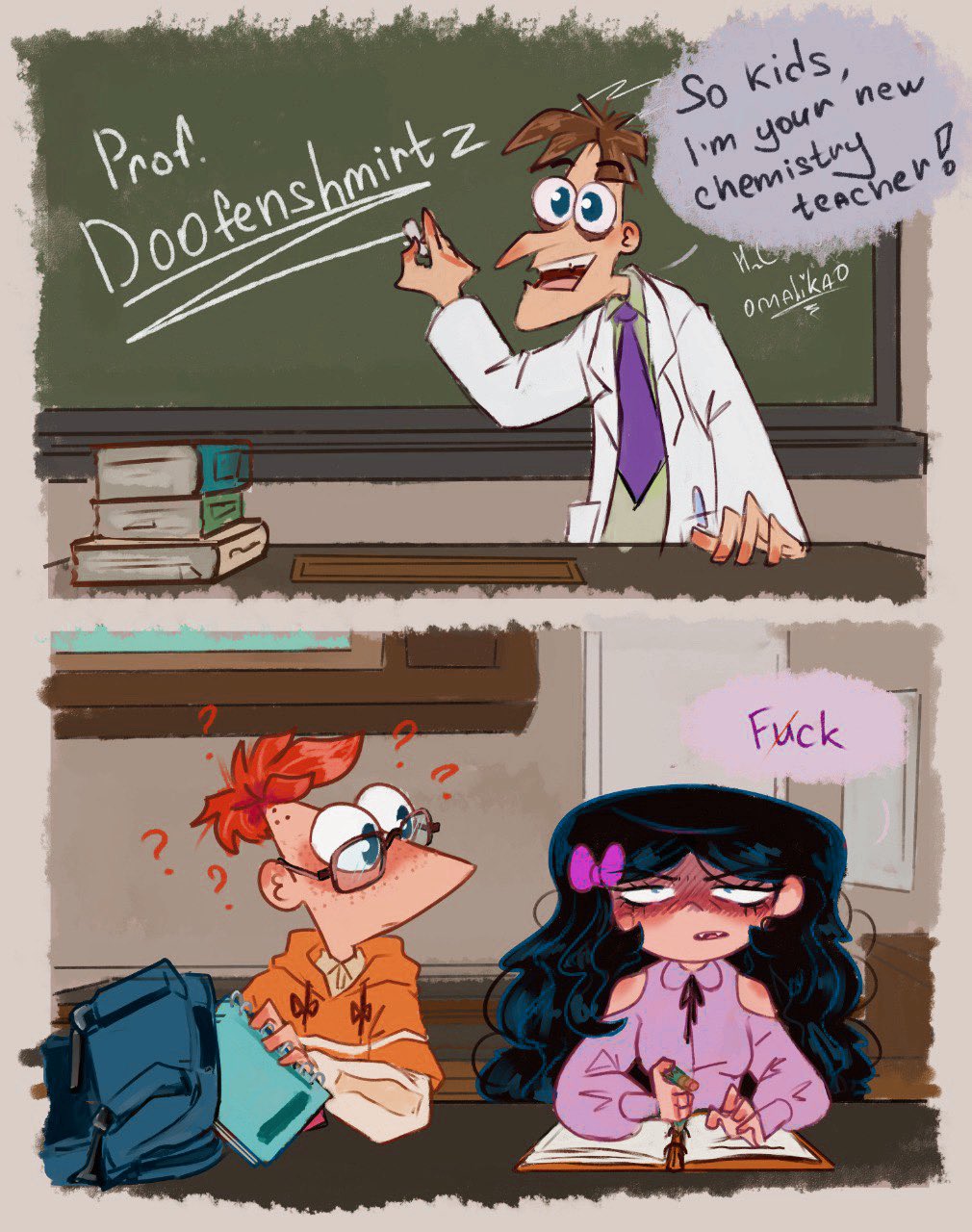 bag, black_hair, blue_eyes, book, brown_hair, chalk, chalkboard, green_eyes