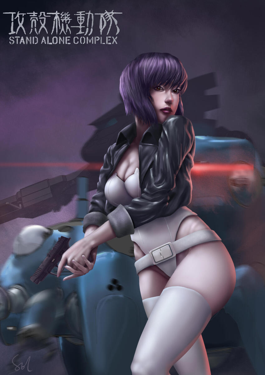 1girl, absurdres, belt, black_jacket, copyright_name, cz-100, ghost_in_the_shell, ghost_in_the_shell:_stand_alone_complex, gun, highres, holding, holding_gun, holding_weapon, jacket, kusanagi_motoko, leotard, non-humanoid_robot, purple_hair, raphire, red_eyes, robot, solo, strapless, strapless_leotard, tachikoma, thighhighs, trigger_discipline, weapon, white_leotard, white_thighhighs
