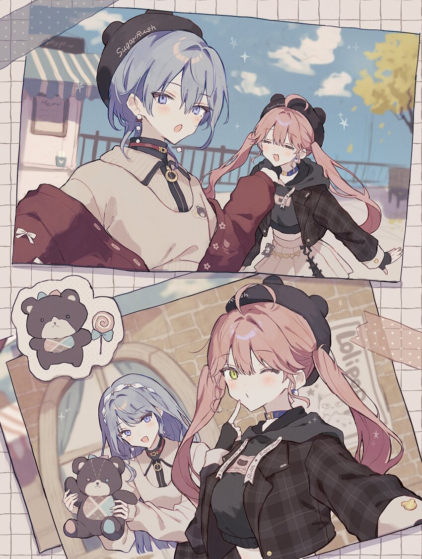 2girls, ^_^, absurdres, ahoge, blue_eyes, blue_hair, blush, choker