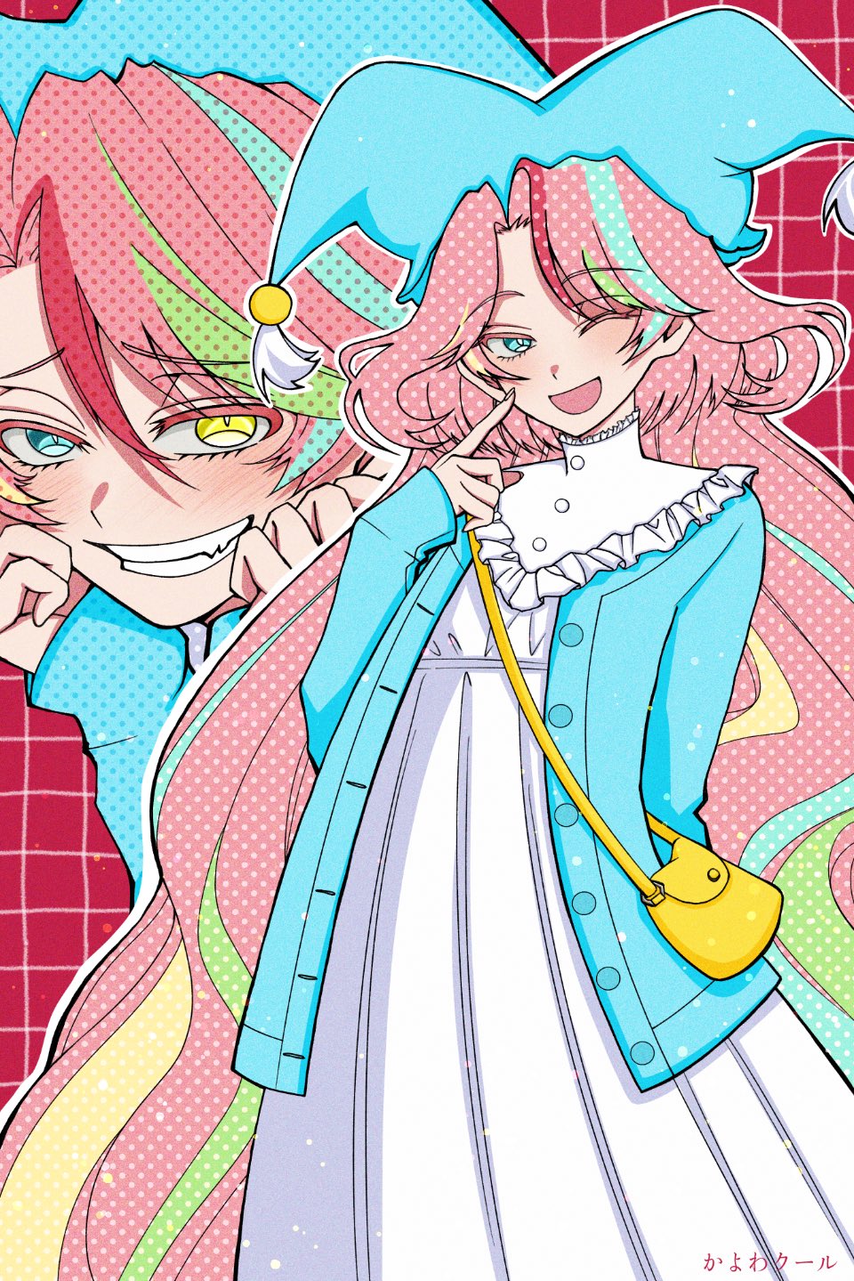 1girl, bag, blue_dress, blue_eyes, blue_jacket, dress, hat, heterochromia