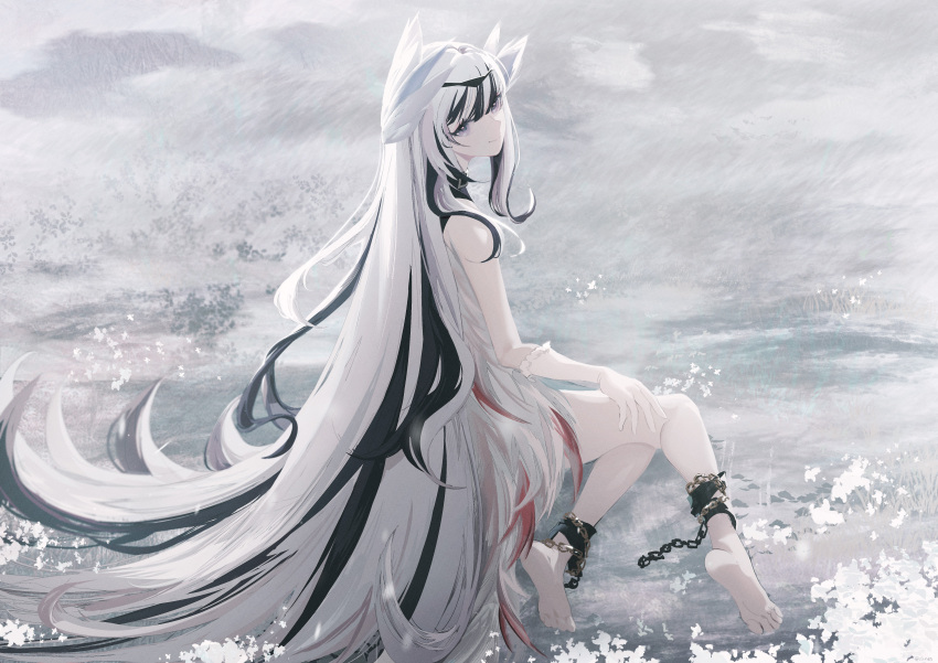 1girl, absurdres, barefoot, belt_collar, black_choker, black_hair, chain, choker, collar, commentary, cones_(c0_nes), dress, elbow_gloves, fire_emblem, fire_emblem_heroes, gloves, hair_ornament, highres, long_hair, multicolored_hair, nintendo, purple_eyes, smile, very_long_hair, veyle_(fire_emblem), white_dress, white_gloves, white_hair