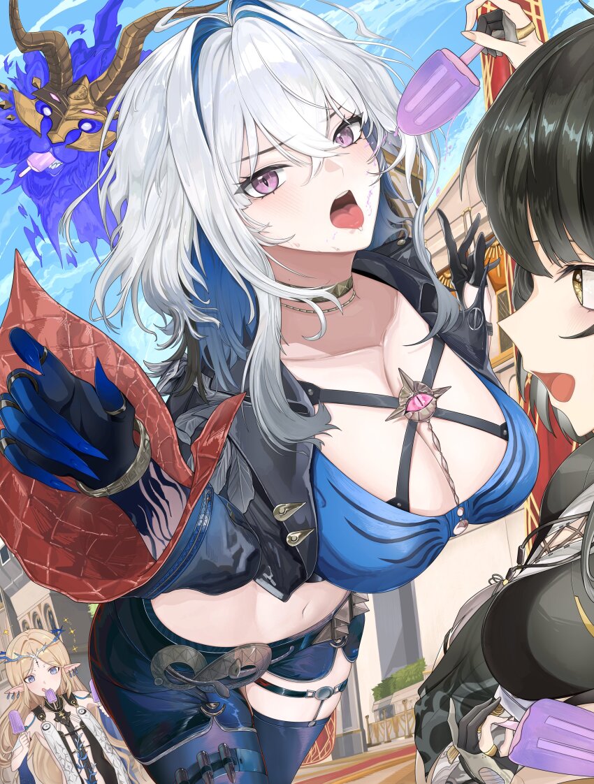 3girls, absurdres, bad_perspective, black_dress, black_gloves, black_hair, black_jacket, black_pantyhose