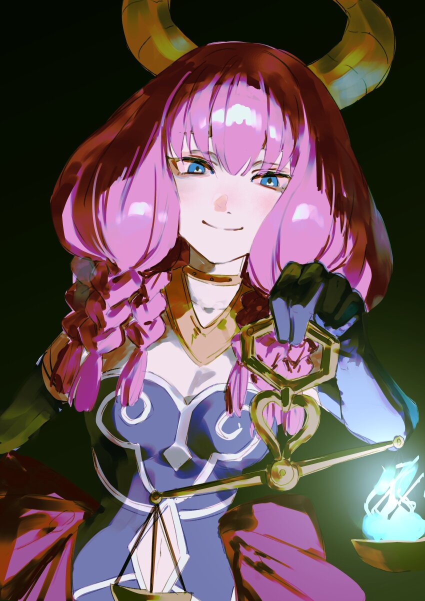 1girl, 333takoyaki, absurdres, aura_(sousou_no_frieren), balance_scale, black_background, blue_eyes, braid