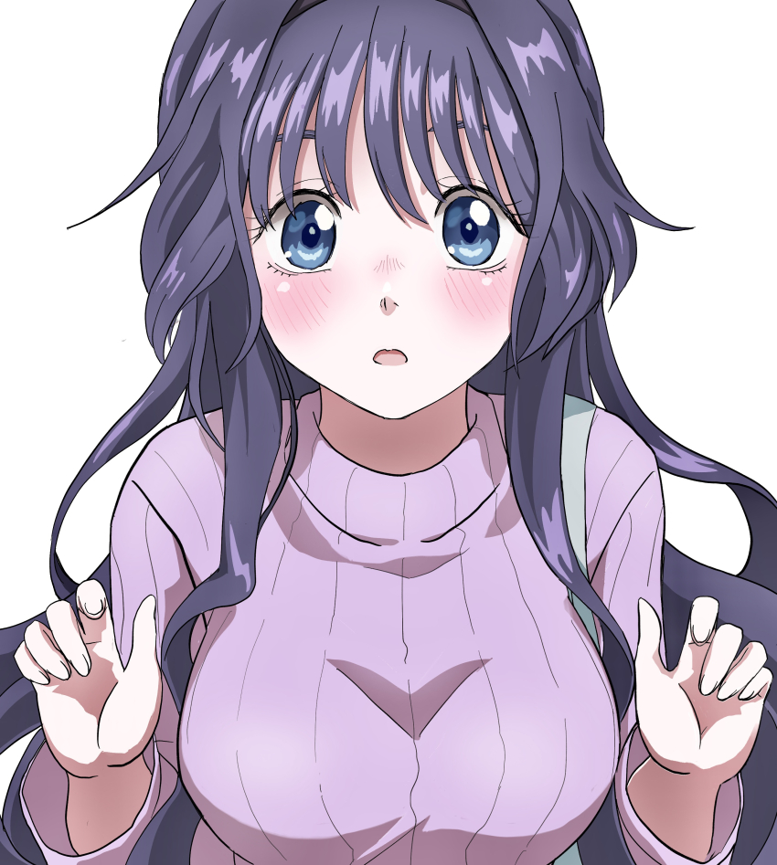 1girl, absurdres, black_hair, blue_eyes, blush, breasts, commentary_request, hands_up