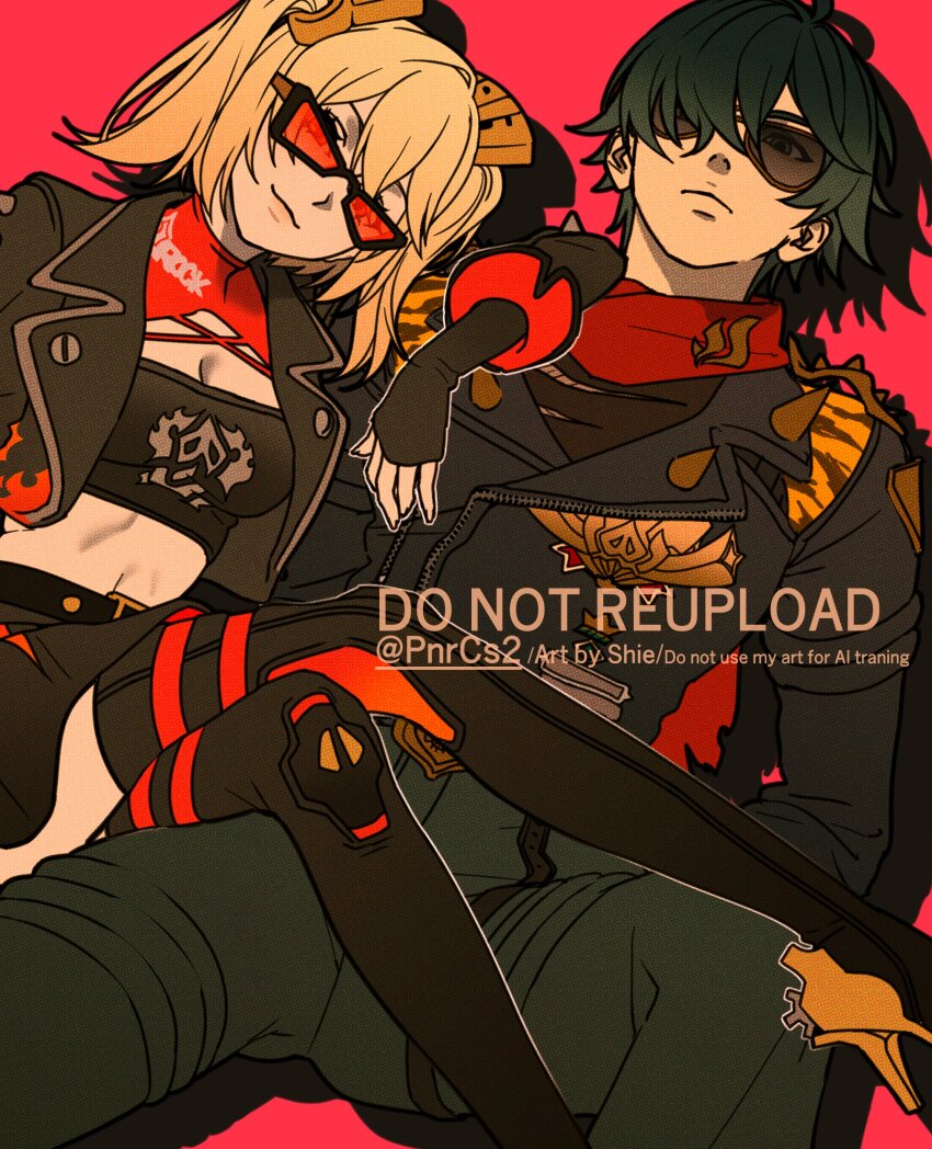 1boy, 1girl, absurdres, arm_on_another's_shoulder, belt, black_jacket, black_outline, black_shirt