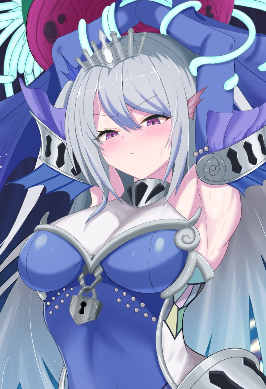 1girl, armpits, arms_up, breasts, character_request, duel_monster, grey_hair, highres, large_breasts, long_hair, mermaid, monster_girl, nien2, purple_eyes, solo, upper_body, yu-gi-oh!