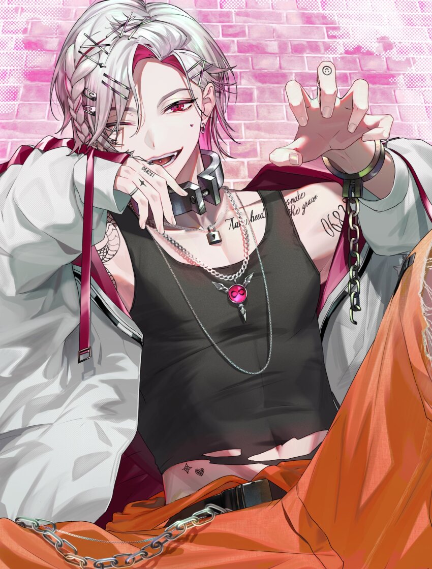 1boy, belt, black_belt, black_tank_top, chain, cuffs, first_stage_production, hand_tattoo, highres, jacket, liron_lockheart, orange_pants, pants, piercing, pink_eyes, shackles, so_un_so, tank_top, tattoo, tongue_piercing, virtual_youtuber, white_jacket