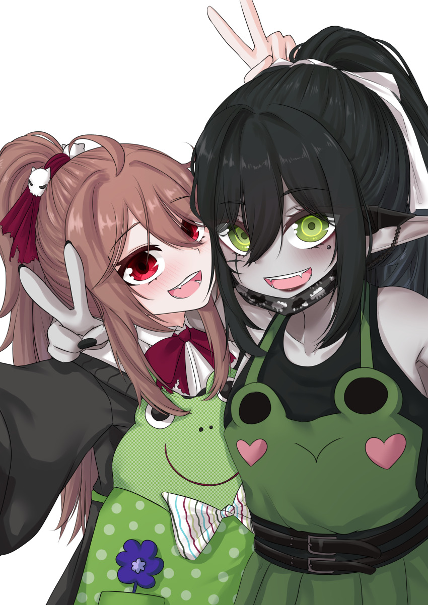 absurdres, ahoge, animal_print, apron, black_cardigan, black_hair, black_nails, black_shirt, bow, bowtie, cardigan, evil_neuro-sama, frog_apron, frog_print, green_apron, green_eyes, hair_ornament, highres, indie_virtual_youtuber, layna_lazar, long_hair, nail_polish, neuro-sama, open_mouth, pale_skin, ponytail, red_bow, red_bowtie, red_eyes, ritspi, shirt, skull_hair_ornament, smile, speech_bubble, standing, v, vedal_ai, white_shirt