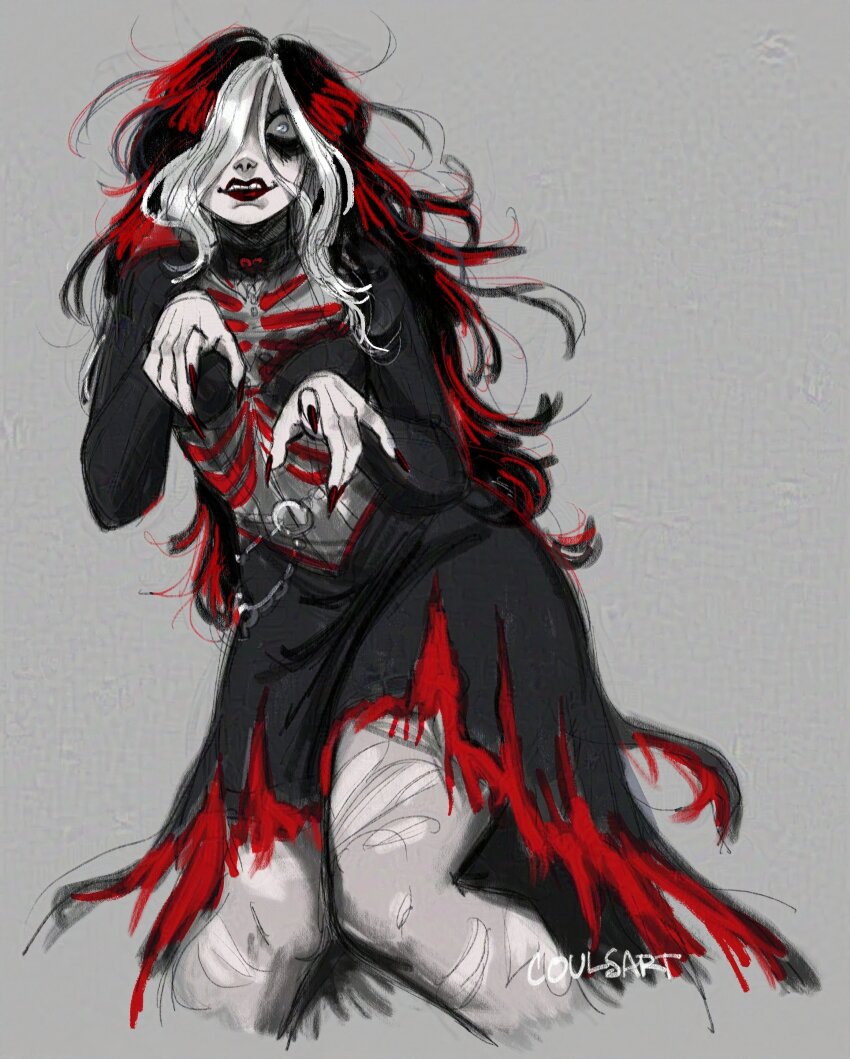 1girl, absurdres, black_bra, black_choker, black_eyeshadow, black_hair, bra, bra_visible_through_clothes