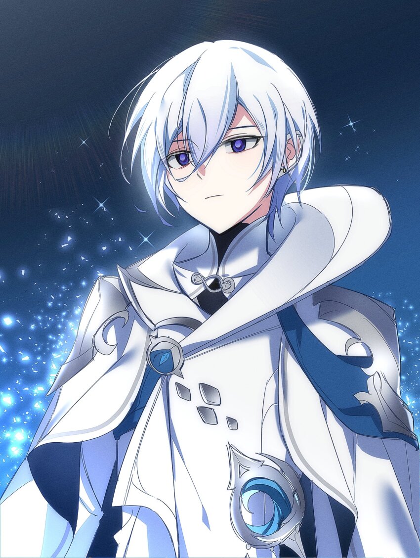 1boy, blue_background, cloak, closed_mouth, elsword, highres, male_focus, noah_ebalon