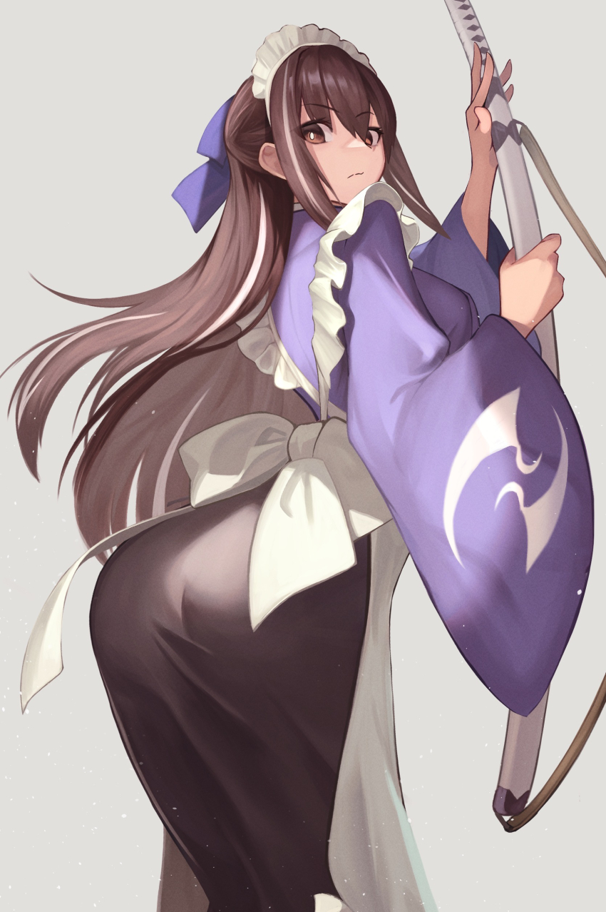 1girl, absurdres, apron, ass, back, black_hair, black_skirt, blue_kimono, bow, breasts, brown_eyes, fate/grand_order, fate_(series), genshu_doki, hair_bow, highres, japanese_clothes, katana, kawakami_gensai_(fate), kawakami_gensai_(second_ascension)_(fate), kimono, long_hair, long_skirt, long_sleeves, looking_at_viewer, looking_back, maid_headdress, medium_breasts, multicolored_hair, sidelocks, skirt, solo, streaked_hair, sword, weapon, white_apron, white_hair, wide_sleeves