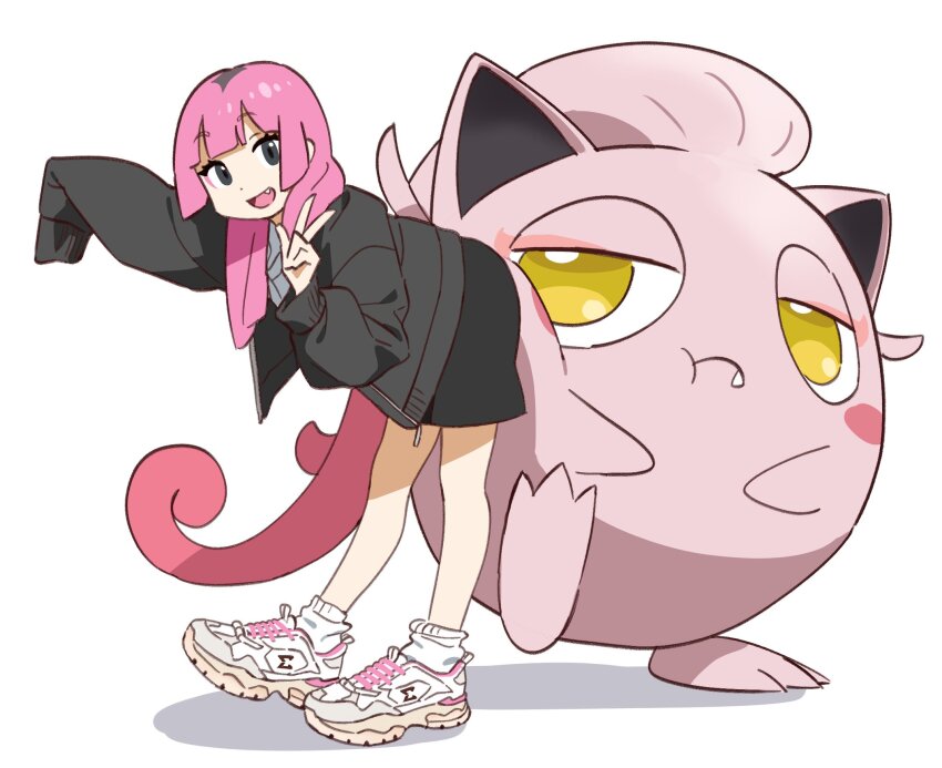 1girl, :d, :t, asdf_4532, black_eyes, coral_(pokemon), fang, fang_out