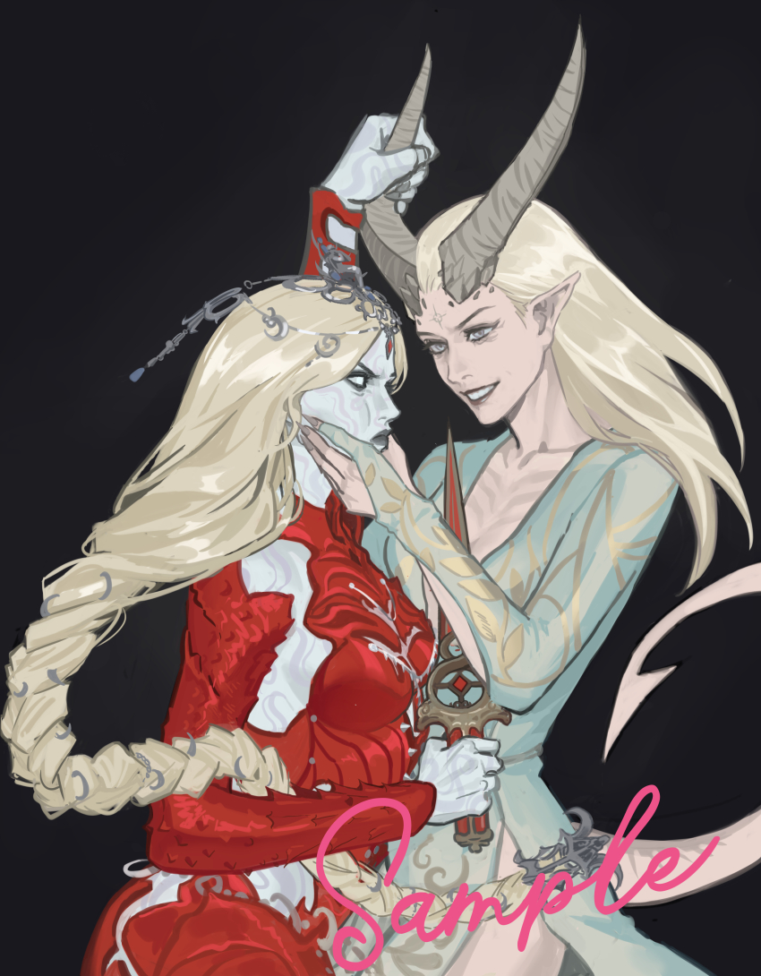 2girls, absurdres, baldur's_gate, baldur's_gate_3, black_background, black_lips, blonde_hair, blue_dress