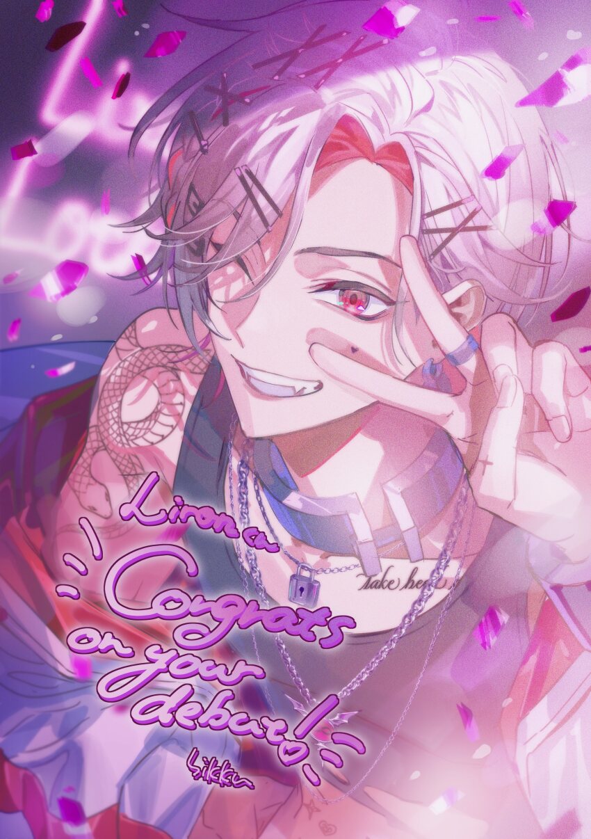 absurdres, bikkusama, black_tank_top, chain, facial_tattoo, fang, first_stage_production, highres, jacket, liron_lockheart, one_eye_closed, pink_eyes, tank_top, tattoo, v, virtual_youtuber, white_jacket