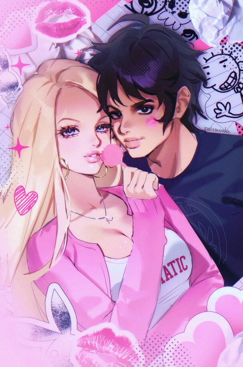 1boy, 1girl, aegyo_sal, ahoge, animal_sticker, artist_name, black_eyes, black_hair