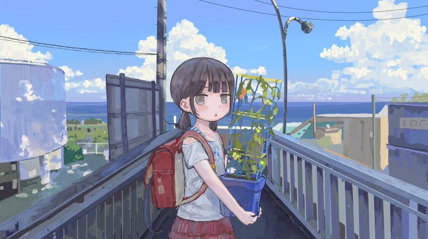 1girl, :o, backpack, bag, child, chushui_(izumi617), cloud, commentary