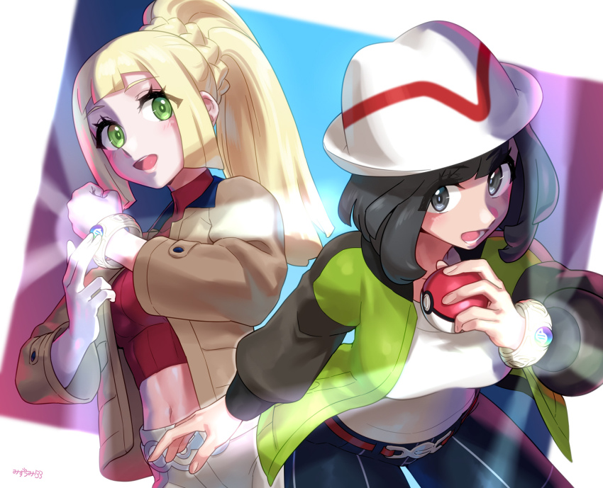2girls, black_hair, blonde_hair, brown_jacket, cosplay, green_eyes, green_jacket, harmony_(pokemon), harmony_(pokemon)_(cosplay), highres, holding, holding_poke_ball, jacket, jewelry, lillie_(pokemon), long_sleeves, looking_at_viewer, mega_stone, mizuumi_(bb), multiple_girls, navel, nintendo, open_mouth, poke_ball, pokemon, pokemon_(creature), pokemon_legends:_z-a, red_shirt, ring, selene_(pokemon), shirt, smile, stomach, taunie_(pokemon), taunie_(pokemon)_(cosplay), white_shirt