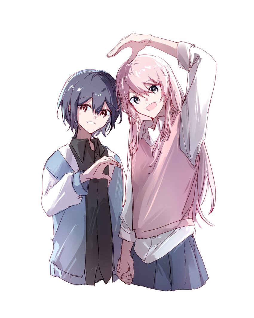 2girls, arm_up, bang_dream!, bang_dream!_it's_mygo!!!!!, black_shirt, blue_jacket, blue_skirt, brown_eyes