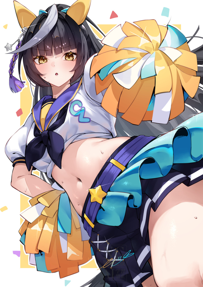 1girl, absurdres, animal_ears, belt, black_hair, black_neckerchief, black_skirt, blunt_bangs, blush, breasts, calstone_light_o_(umamusume), commentary_request, crop_top, ear_covers, genkai_made_pom_pon!!, hand_on_own_hip, highres, holding, holding_pom_poms, horse_ears, horse_girl, horse_tail, layered_skirt, long_hair, looking_at_viewer, medium_breasts, midriff, mono_(mo_n_mno), navel, neckerchief, official_alternate_costume, open_mouth, pom_pom_(cheerleading), pom_poms, puffy_short_sleeves, puffy_sleeves, purple_belt, shirt, short_sleeves, simple_background, skirt, solo, stomach, tail, thighs, umamusume, white_background, white_hair, white_shirt, white_streaks