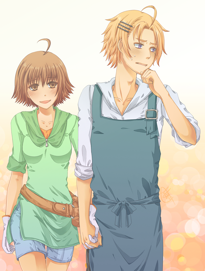 1boy, 1girl, ahoge, akari_(bokujou_monogatari), annako, apron, blonde_hair, blush, brown_eyes, brown_hair, chihaya_(bokujou_monogatari), couple, gloves, hair_ornament, hairclip, holding_hands, harvest_moon, harvest_moon_tree_of_tranquility, hetero, purple_eyes