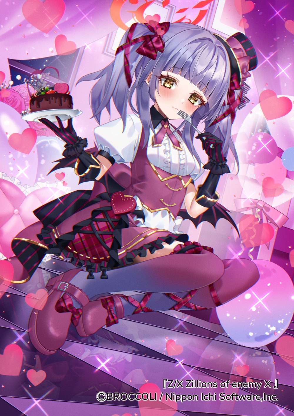 1girl, black_gloves, bow, box, cake, chierishu, chocolate_cake, closed_mouth