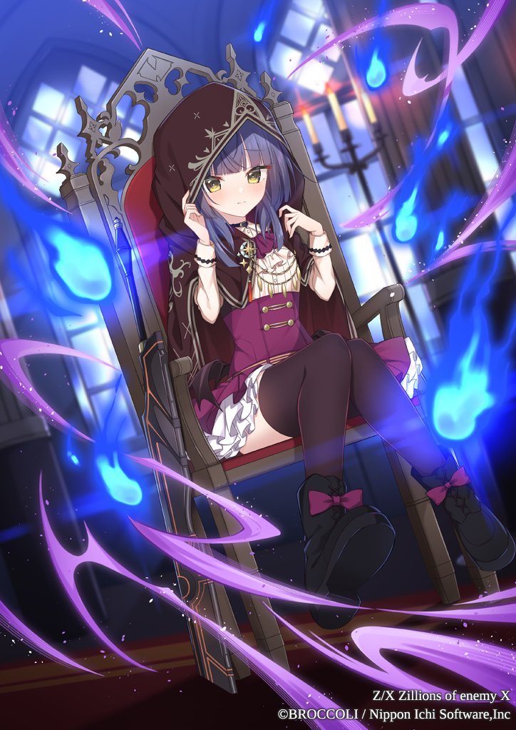 1girl, aura, black_collar, black_shoes, bow, brown_thighhighs, cape, chair