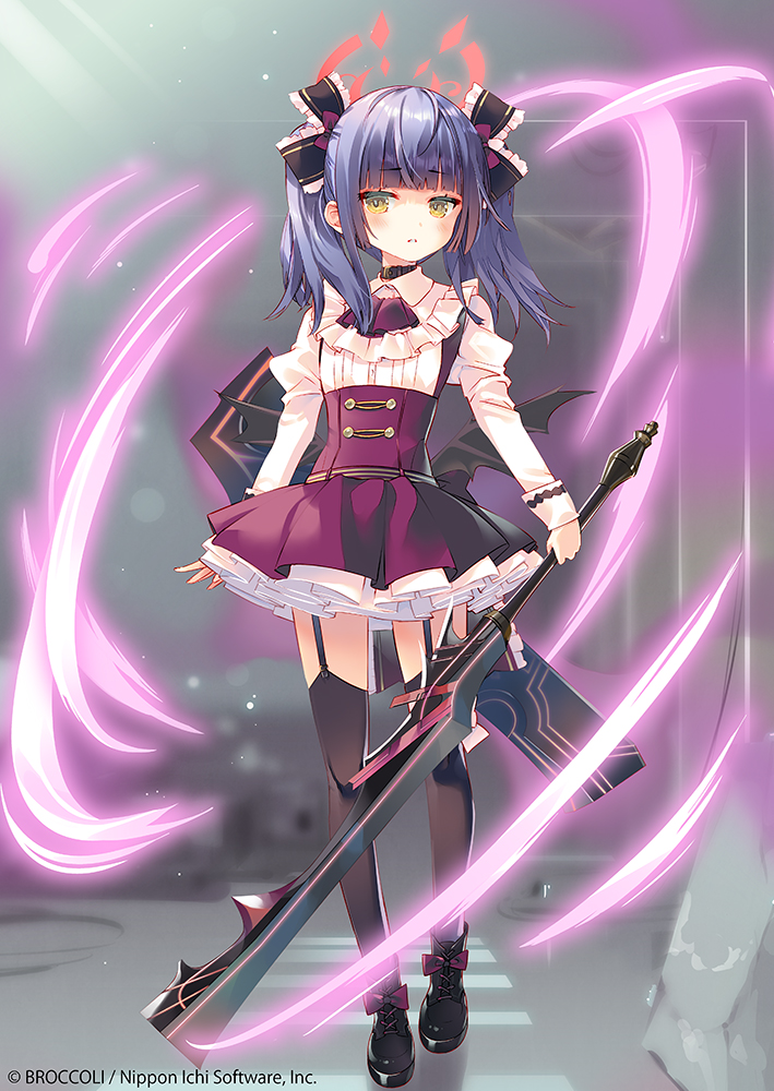 1girl, arikawa_satoru, black_collar, black_shoes, black_thighhighs, black_wings, bow, collar, copyright_notice, dress, footwear_bow, hair_bow, halo, holding, holding_sword, holding_weapon, long_hair, looking_at_viewer, mystica_sanctus, official_art, purple_hair, red_halo, shoes, solo, sword, thighhighs, twintails, weapon, wings, yellow_eyes, z/x
