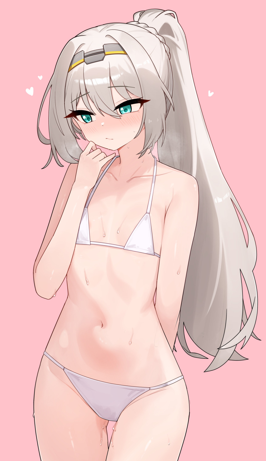 1girl, absurdres, alternate_costume, an-94_(girls'_frontline), an-94_(mod3)_(girls'_frontline), aqua_eyes, arm_behind_back, bikini, blush, closed_mouth, collarbone, commentary, flat_chest, girls'_frontline, hand_up, heart, highres, long_hair, nabiyan, navel, pink_background, ponytail, shirt, simple_background, solo, string_bikini, swimsuit, wet, white_bikini, white_hair