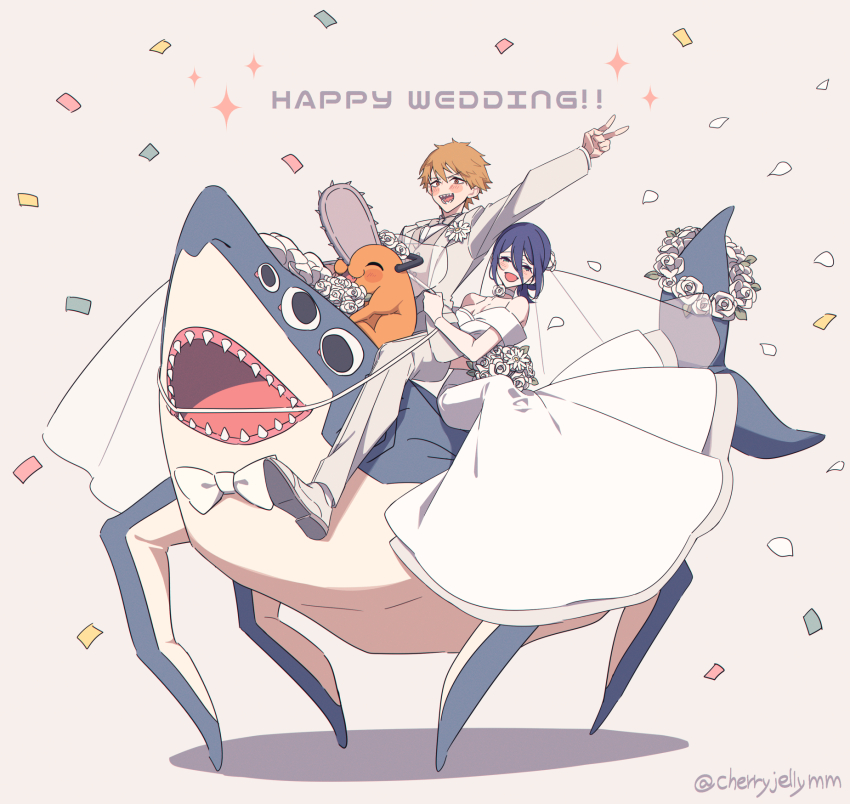 1boy, 1girl, :d, ^_^, arm_up, beam_(chainsaw_man), blonde_hair, blue_hair