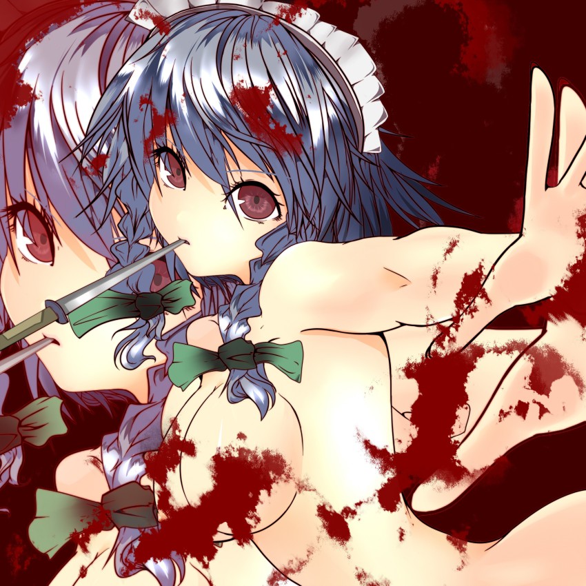 1girl, bad_id, bad_pixiv_id, blood, bow, braid, breasts, censored