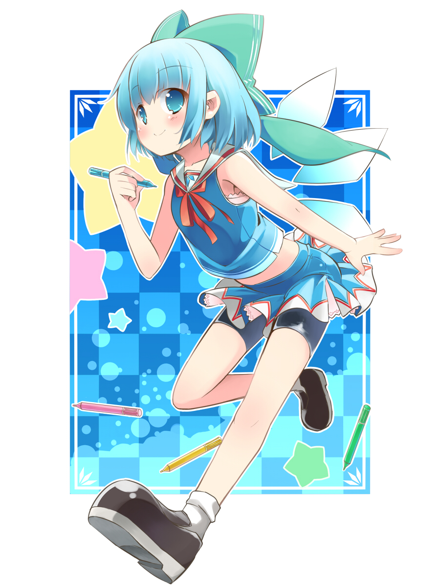 1girl, aqua_eyes, aqua_hair, bike_shorts, bike_shorts_under_skirt, blush, bow, cirno