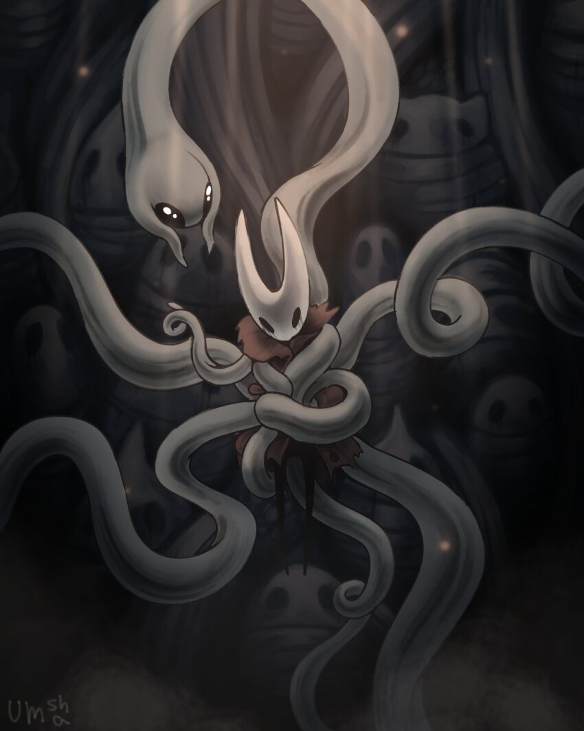 1girl, arthropod_girl, artist_name, black_skin, blood, cloak, colored_skin, full_body, highres, hollow_knight, hollow_knight:_silksong, horned_mask, hornet_(hollow_knight), marchel45952219, mask, red_cloak, statue, tentacles, white_mask