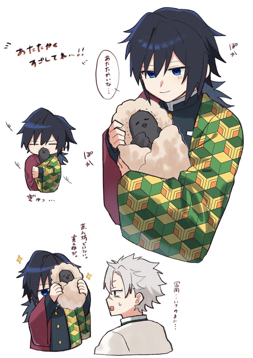 2boys, bird, black_hair, black_jacket, blue_eyes, bont_ill, chibi, closed_eyes, crow, demon_slayer_uniform, grey_hair, haori, high_collar, highres, jacket, japanese_clothes, kanzaburou_(kimetsu_no_yaiba), kikkoumon, kimetsu_no_yaiba, long_hair, low_ponytail, male_focus, multiple_boys, multiple_views, ponytail, print_haori, red_haori, short_hair, speech_bubble, spiked_hair, sweatdrop, tomioka_giyuu, translation_request, upper_body