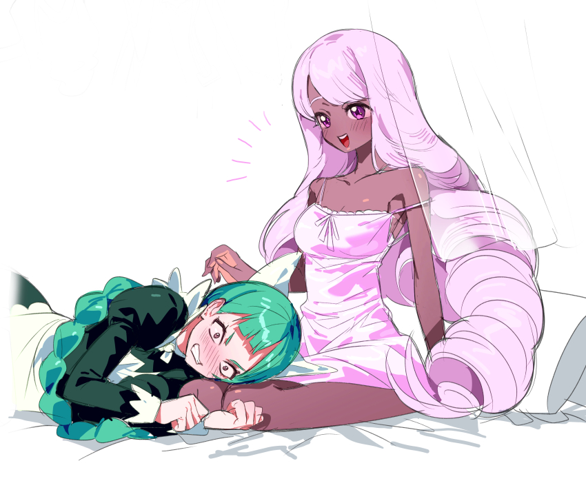 2girls, 5oh5s2, :d, absurdres, alternate_costume, apron, blush, breasts