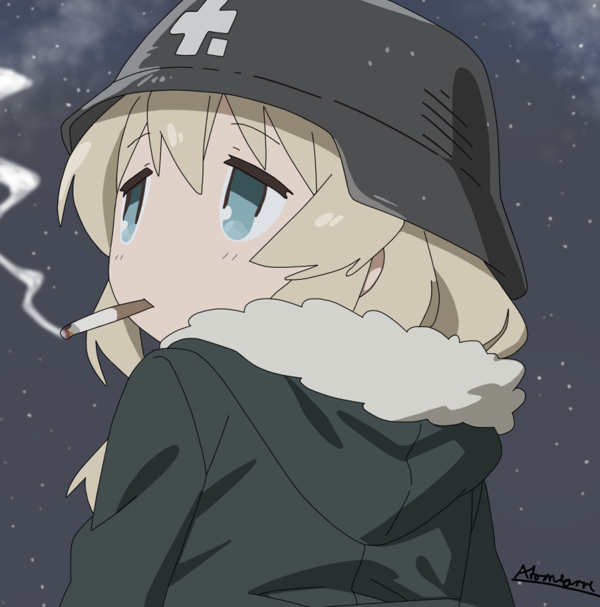 1girl, artist_name, atomlarve, blonde_hair, blue_eyes, cigarette, coat, female_focus
