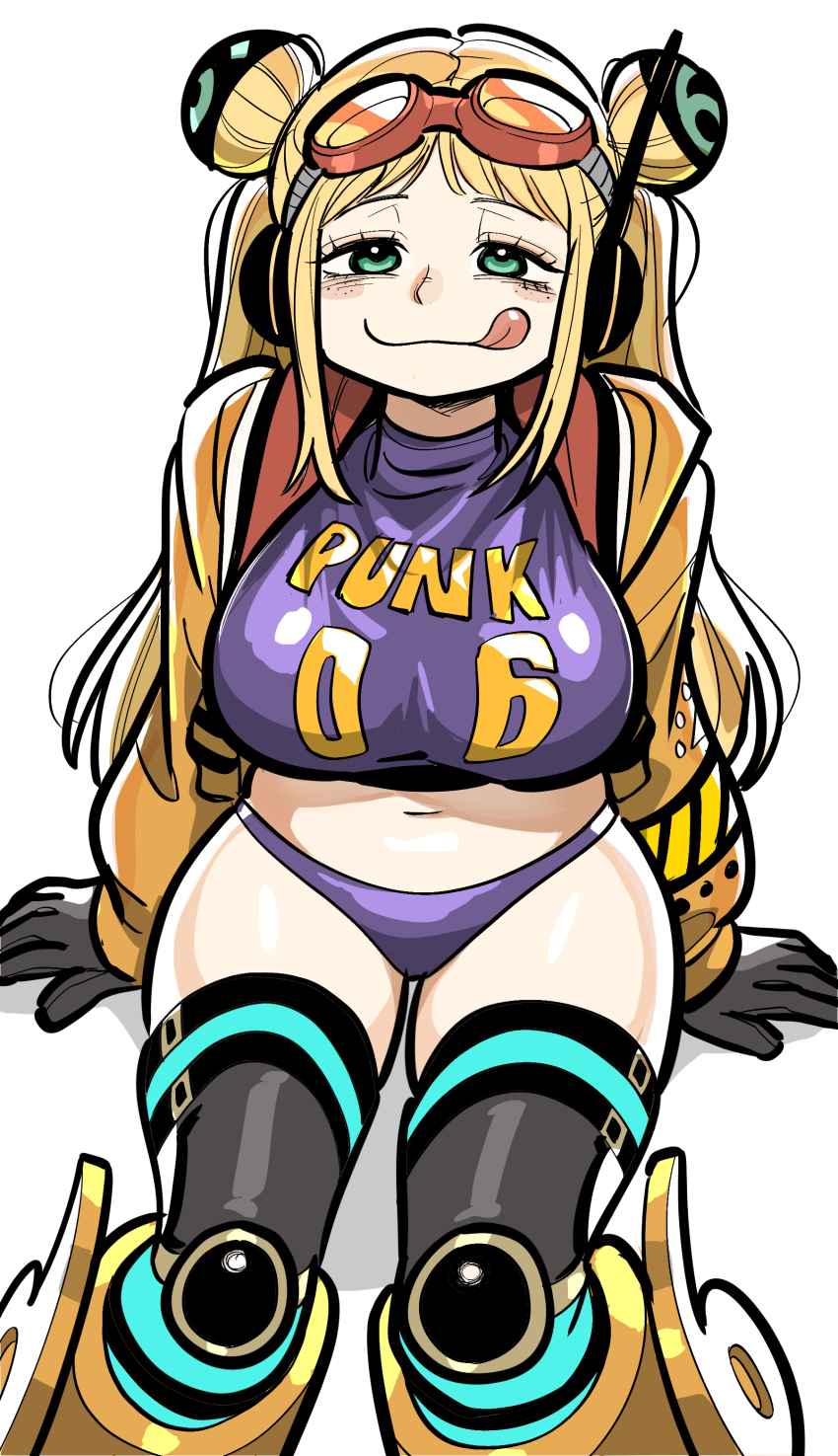 1girl, absurdres, belly, bikini, black_gloves, blonde_hair, boots, breasts, crop_top, double_bun, freckles, full_body, gloves, goggles, goggles_on_head, green_eyes, hair_bun, headphones, highres, invisible_chair, jacket, large_breasts, long_hair, looking_at_viewer, margare, navel, one_piece, open_clothes, open_jacket, orange_boots, orange_jacket, purple_bikini, sitting, smile, solo, swimsuit, tongue, tongue_out, vegapunk_york