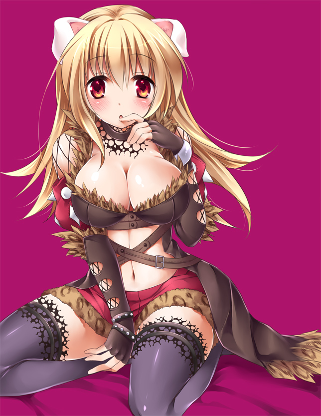 1girl, :o, alternate_color, animal_ears, belt, black_thighhighs, blonde_hair, blush, bracelet, breasts, cleavage, elbow_gloves, female_focus, finger_to_mouth, fingerless_gloves, fishnets, gloves, jewelry, large_breasts, legs, long_hair, looking_at_viewer, navel, orange_eyes, ragnarok_online, shadow_chaser_(ragnarok_online), simple_background, sitting, solo, sorai_shin'ya, thighhighs, thighs, wariza, yellow_eyes