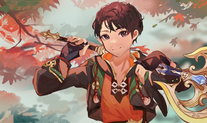 1boy, animification, beard_stubble, black_gloves, blurry, blurry_background, brown_eyes, brown_hair, caleb_yen, chinese_clothes, collarbone, commentary, cosplay, english_commentary, facial_hair, fingerless_gloves, gaming_(genshin_impact), gaming_(genshin_impact)_(cosplay), genshin_impact, gloves, grey_hood, highres, holding, holding_weapon, hood, hooded_jacket, jacket, kanako_(fuwachu), leaf, long_sleeves, looking_at_viewer, male_focus, real_life, red_shirt, shirt, sideburns, smile, solo, stubble, tassel, tree, upper_body, verdict_(genshin_impact), voice_actor, voice_actor_connection, weapon, weapon_on_back, weapon_request