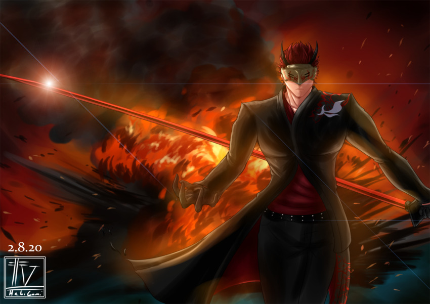 1boy, adam_taurus, belt, chokutou, fire, gloves, hebi-kaze-77, holding